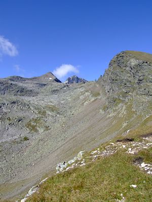 Vorn "Pflerscher Pingl" (2767 m), links "Hoher Zahn" (2924 m), dahinter in der Mitte die "Weisswand" (3016 m).