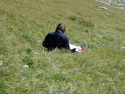 Evi geht es gut im Gras, sie studiert die Karte.